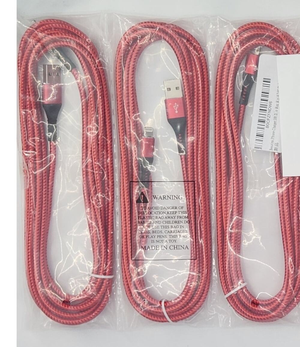 10 Ft Pack of 3 USB Lightning Charging Cables, Red Braided Cord